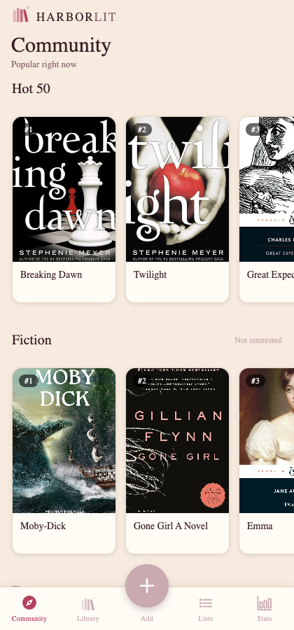 HarborLit Community tab showing popular books by genre