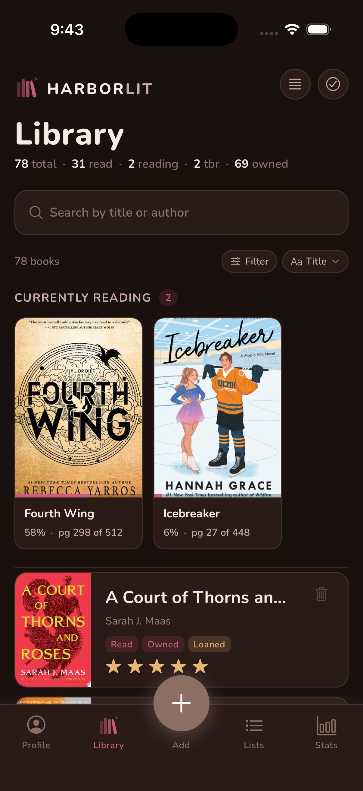 HarborLit library in dark mode