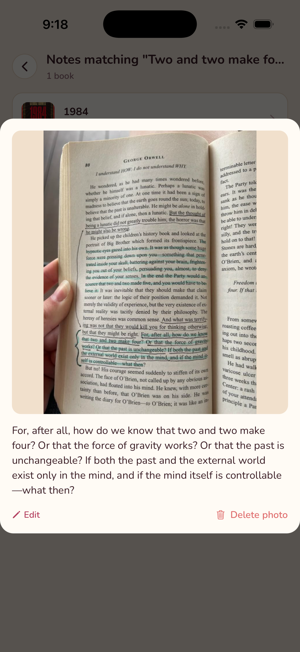 HarborLit automatically transcribing a highlighted passage from a photographed book page