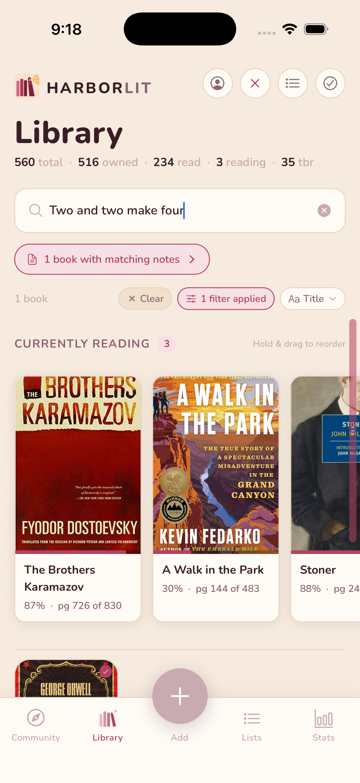 Searching a HarborLit library by transcribed note text and finding a matching book