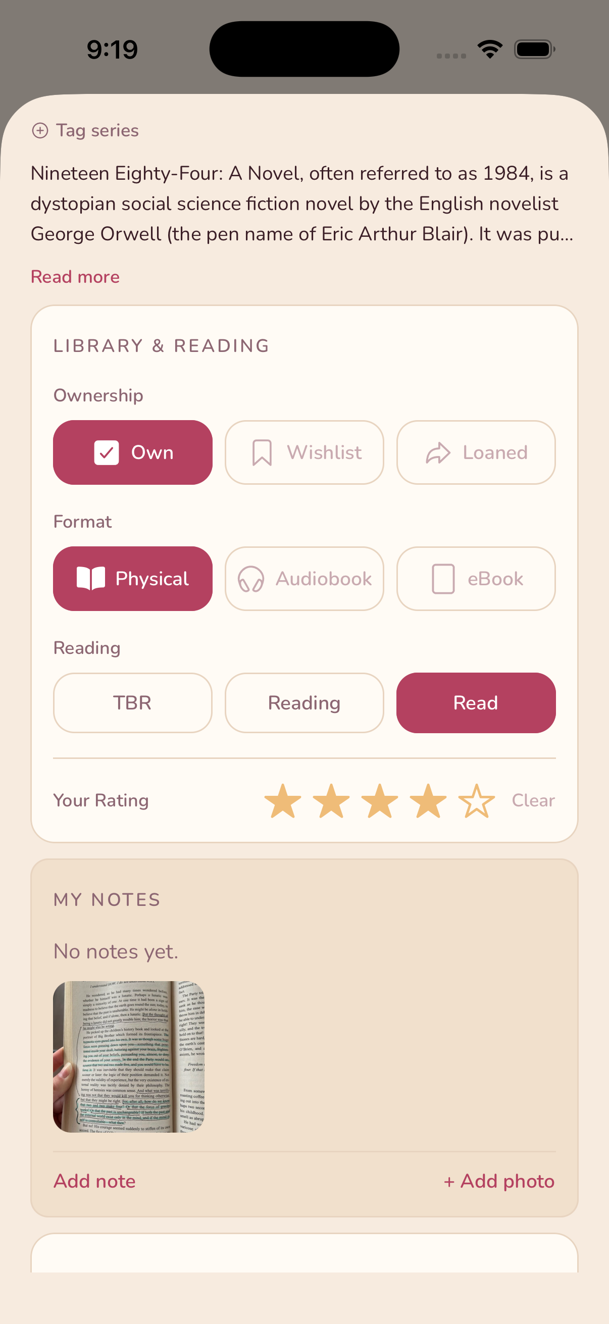 Adding a highlighted-page photo to a book on HarborLit's book detail screen