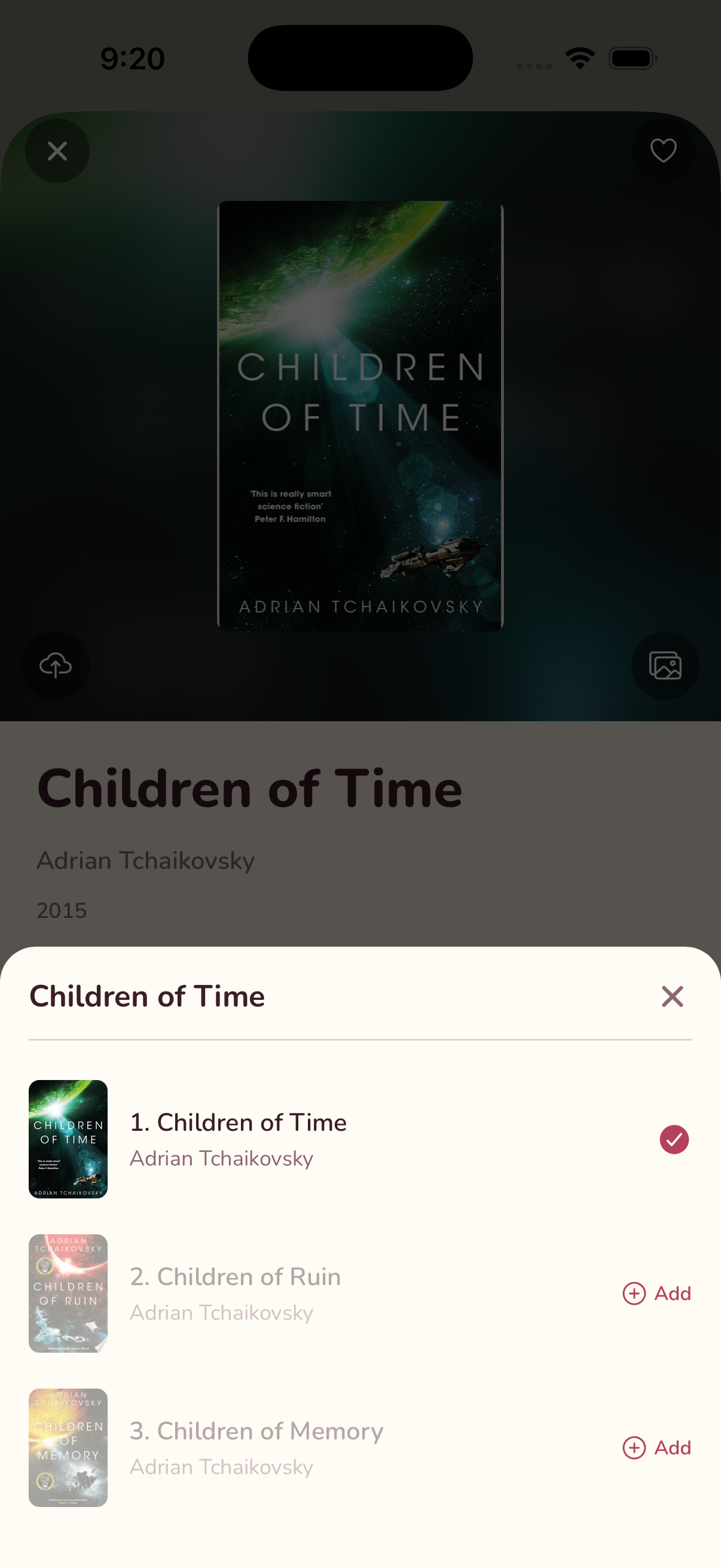 HarborLit showing the full reading order for the Children of Time series, with the first book already owned and the rest ready to add